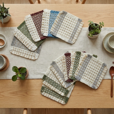 Woven Cotton Mug Rug Coasters with Fringe - Absorbent Boho Tabletop Set