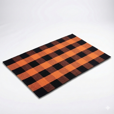 Orange & Black Plaid Poly-Cotton Flatweave Rug - Autumn Halloween Layering Mat